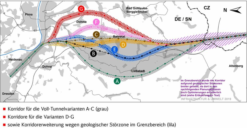 Diese Karte zeigt die sieben Varianten (Planungsstand: Dezember 2019). Die gestrichelte Linie steht für Tunnel. Aus Sicht der DB Netz AG haben Variante A, C und G das Potential weiterverfolgt zu werden. Grafik: DB Netz AG