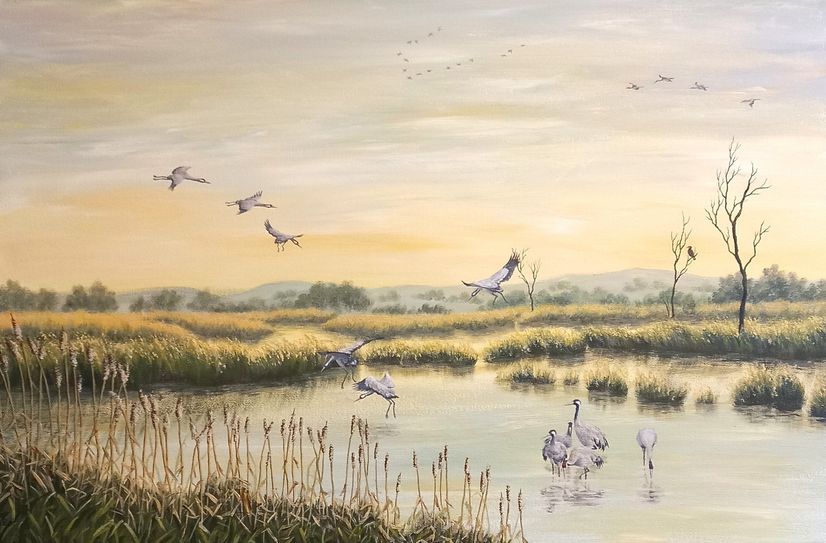 »Einflug der Kraniche«, Acrylbild von Gudrun Stark.
