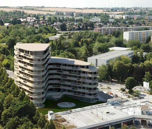 Der geplante Neubau am Omsewitzer Ring wird auf jeden Fall ein architektonisches Zeichen setzen in Gorbitz. Visualisierung: Quarterback Immobilien AG