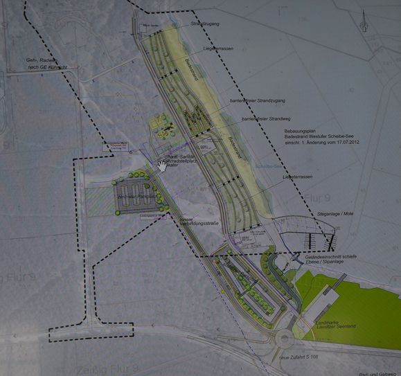 Parkplätze, Badestrand, Steganlage, Landmarke - das sind die Pläne fürs Westufer des Scheibe-Sees.Foto: kd; Grafik: LMBV/eta AG engineering