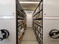 Ein Blick in das klimatisierte Sammlungsdepot des Konrad-Wachsmann-Hauses. Das Waggonbauarchiv ist noch in unzähligen verschiedenen Kartons, Umschlägen und Folien provisorisch verpackt und wird im Zuge der Neuverzeichnung in neuen säurefreien Archivkartons abgelegt.