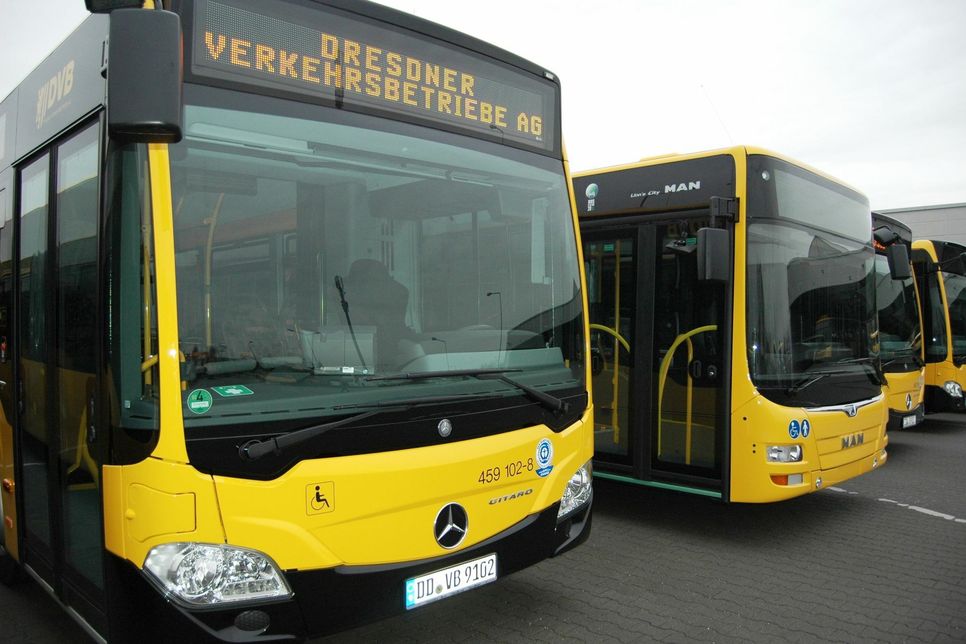 40 Fahrzeuge nehmen die Dresdner Verkehrsbetriebe neu in Betrieb. Jeweils 20 Busse sind von Mercedes und MAN. Fotos: Pohl