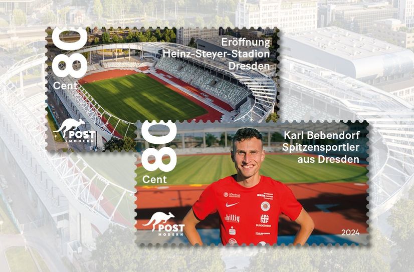 Sonderbriefmarken mit dem Luftbild des Stadions und dem Portrait von Spitzensportler Karl Bebendorf.