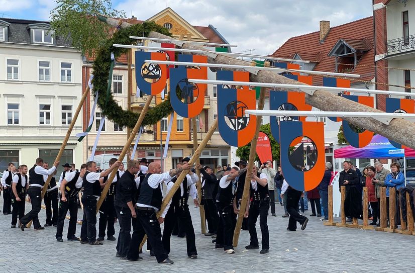 28 Zimmerer werden gemeinsam den Maibaum mit Zunftzeichen des Handwerks aufrichten.Diese beeindruckende Teamleistung erfordert nicht nur Geschick und Koordination, sondern auch Kraft und Ausdauer.