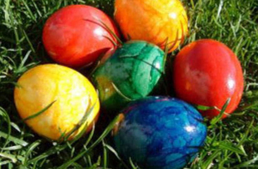 Der Osterhase hat bunte Ostereier im Schlosspark Graupa versteckt.