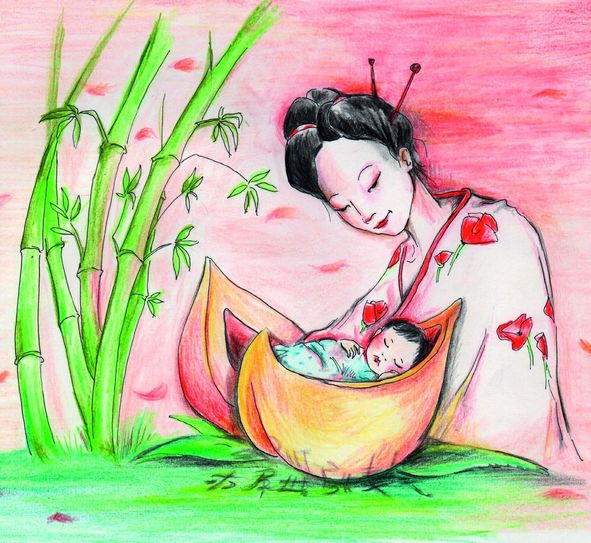 Das Pfirsichkind Momotaro. Bild: Puppentheater Bautzen