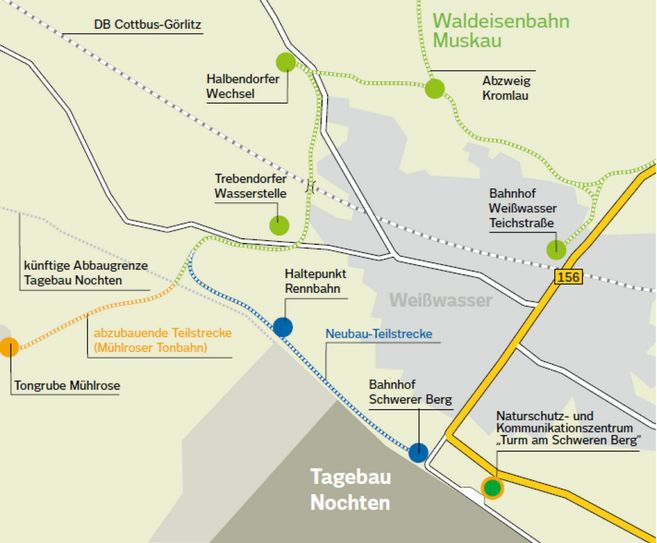Die Karte zeigt den neuen Streckenverlauf mit dem Haltepunkt „Rennbahn“. Karte: Vattenfall