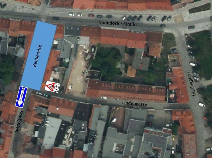 2.Bauabschnitt: Siegelgasse zwischen Ausfahrt Lindengasse und NaundorferStraße vom 5. bis 23. Oktober.