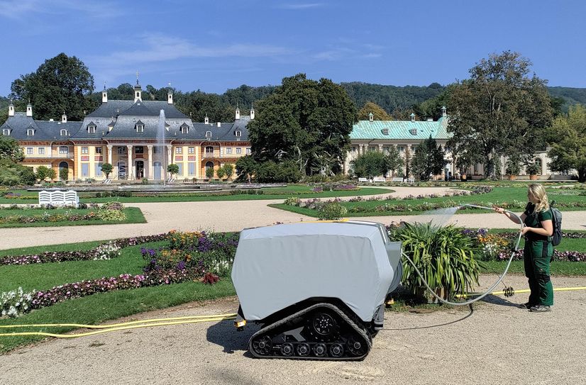 Der Gießroboter im Einsatz im Pilnitzer Lustgarten.