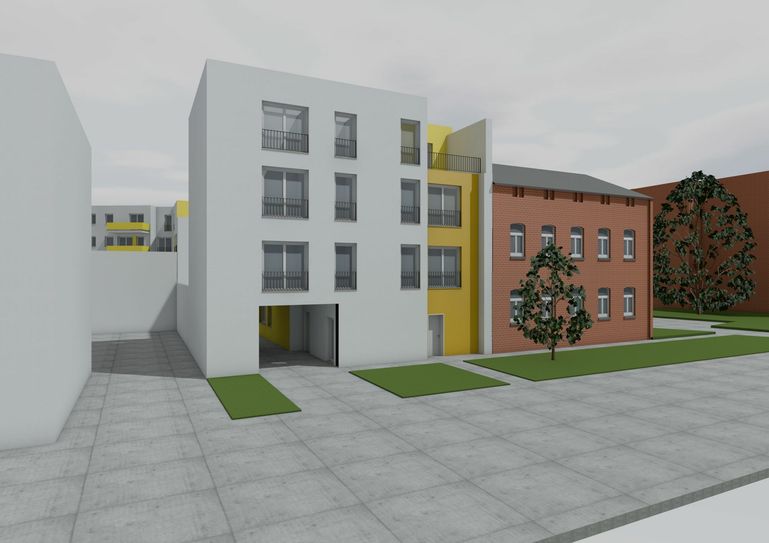 Blick auf Haus 1 zwischen Webschulallee und Karlstraße 79. Grafik: SELK