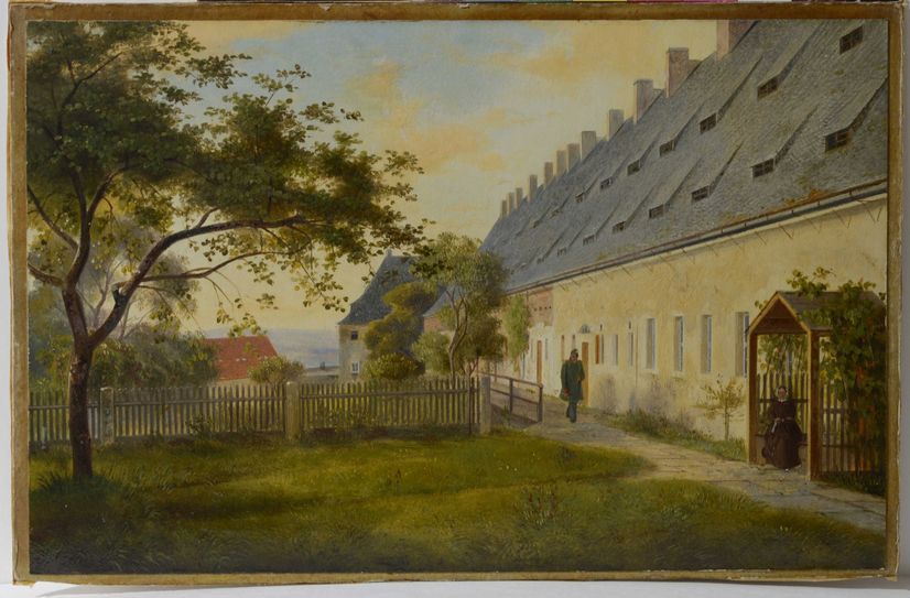 "Ansicht der großen Kaserne auf der Festung Königstein", Ernst Ferdinand Oehme, Öl auf Papier und Pappe, um 1830, 22,5 x 35 cm.