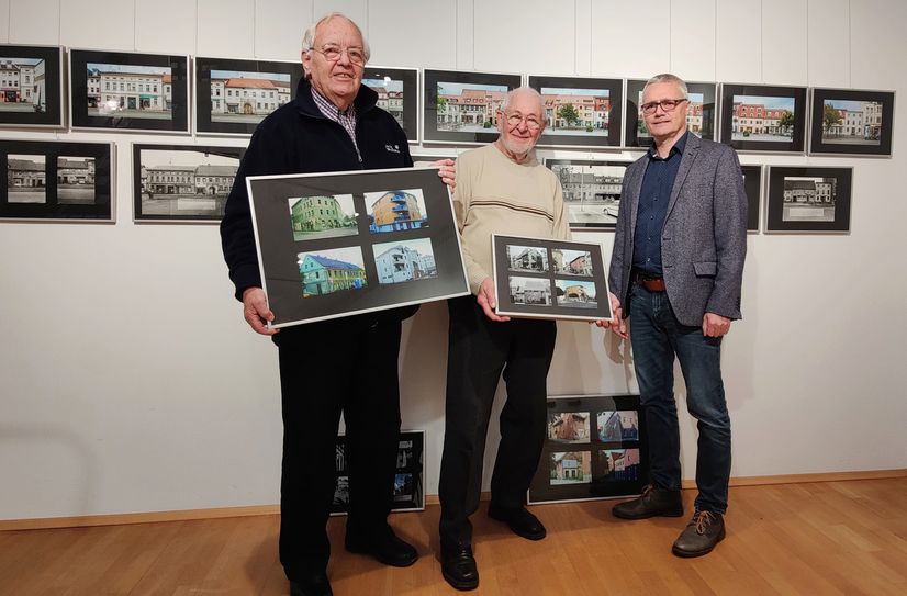 V.l.: Klaus Mayer, Jürgen Schlinger und Jürgen Vetter in der Ausstellung »Stadtbilder«.