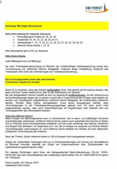 Mit diesem Schreiben wenden sich die Stadtwerke an betroffene Anwohner. Foto: pr