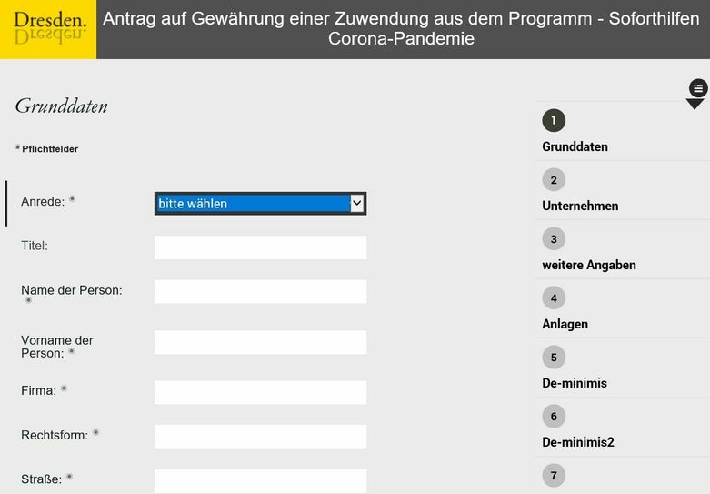 Screenshot "Antrag auf Soforthilfe"