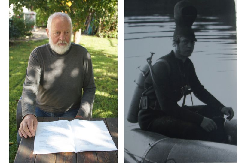 Links: Gerhard Schneider mit seinem Buch über den Tauchsport in Bas Muskau, Weißwasser und Umgebung. Rechts: Rettungstaucher einsatzbereit. Gerhard Schneider mit seinem selbstgeklebten Neoprenanzug, Atemregler CEMA 7, selbstgefertigtem Tragegestell und Bleigurt. Fotos: T. Keil/privat
