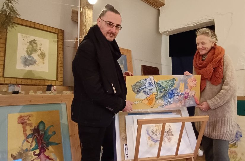 Die Malerin Katja Tomzig und der Dresdner Bild- und Tonkünstler Robert Grund im Atelier.