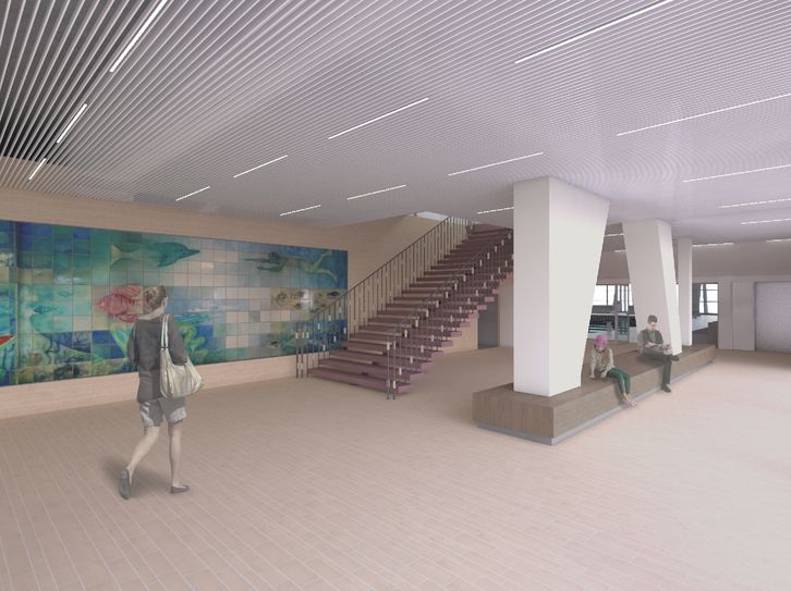 Der Treppenaufgang zur Tribüne im Foyer. Visualisierung: Arge SSK