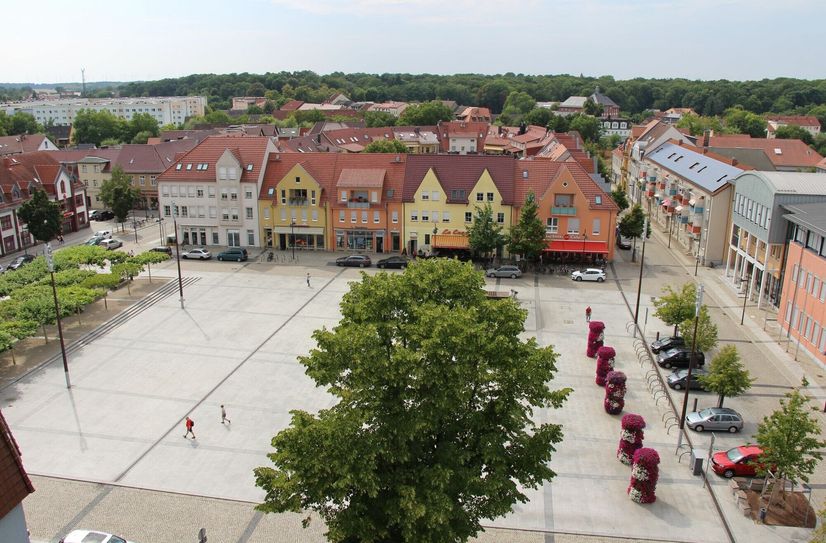 Der Markt in Lübben aus der Vogelperspektive.