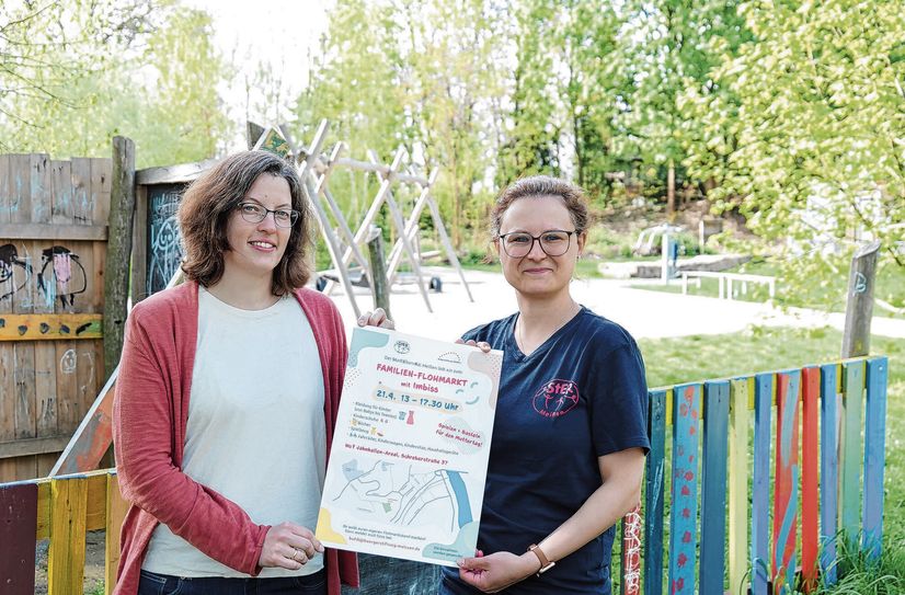 Projektleiterin der »Quartiersentwicklung Jahnhallen-Areal« Johanna Singer (l.) und Stadtelternrat-Vorstand Maria Römer (r.) freuen sich über die gemeinsame Kooperation zum Familienflohmarkt.