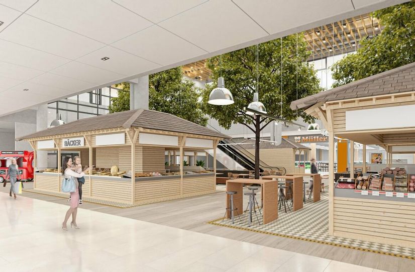 »Marktplätze« in Holzoptik und mit viel Grün sollen zum Verweilen einladen und ein neues Einkaufserlebnis schaffen.         Foto: Grafik Architekturbüro Beier Baudesign GmbH