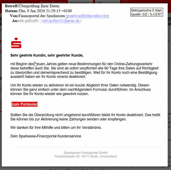 Screenshot einer Phising-Mail. Quelle: Sparkasse