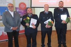 Dem Wehrleiter Steffen Geisendorf, seinem Stellvertreter Maik Schwarz und dem Jugendwart Stephan Zahour wurde von Oberbürgermeister Roland Dantz für die geleistete Tätigkeit im Ehrenamt gedankt. (v.r.n.l.).