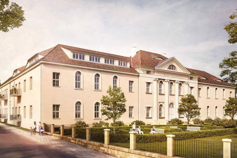 So soll das Bönischstift nach der Sanierung aussehen. Der Altbau und die angrenzenden Außenanlagen stehen unter Denkmalsschutz und werden in enger Abstimmung mit der entsprechenden Behörde saniert.Visualisierung: Hentschke Bau