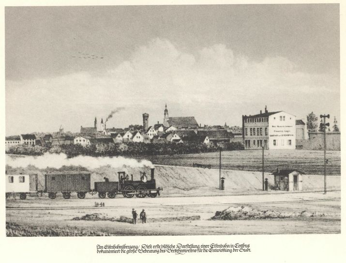Die Eisenbahn kommt in die Stadt. (Lithographie, Stadtarchiv Cottbus)