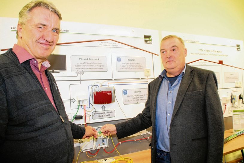 Es ist angestöpselt: Hyperschnelle Internetverbindungen für Kleinleipisch. Ortsvorsteher Reiner Winkler  und LKG-Chef Bernd Nitzschner (v.l.). Foto: wit