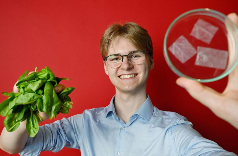 Florian Reddel (18)  mit  Spinat - der Grundlage seiner Forschung im Bereich Biologie.