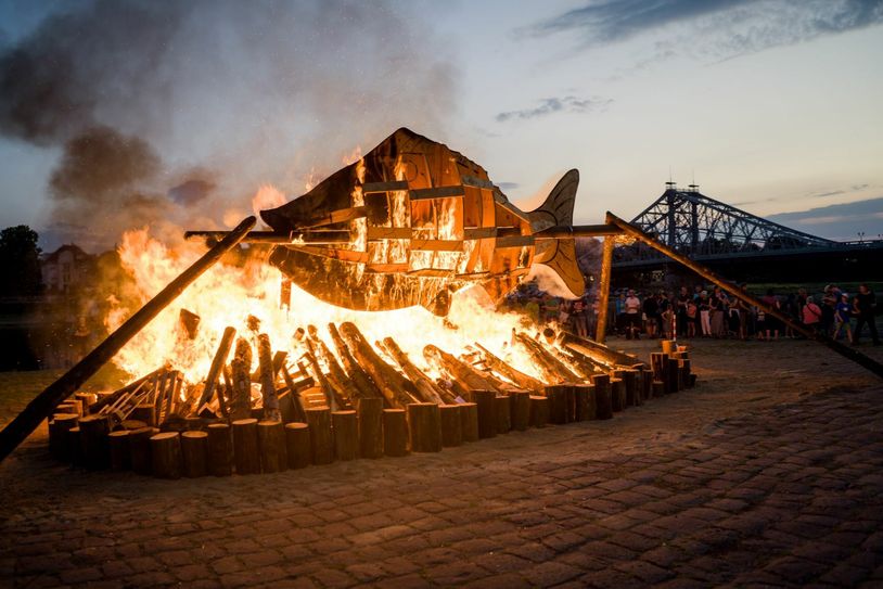 Fackel-Fisch aus Holz wurde am Elbufer entzündet. Foto: PR / Michael Schmidt