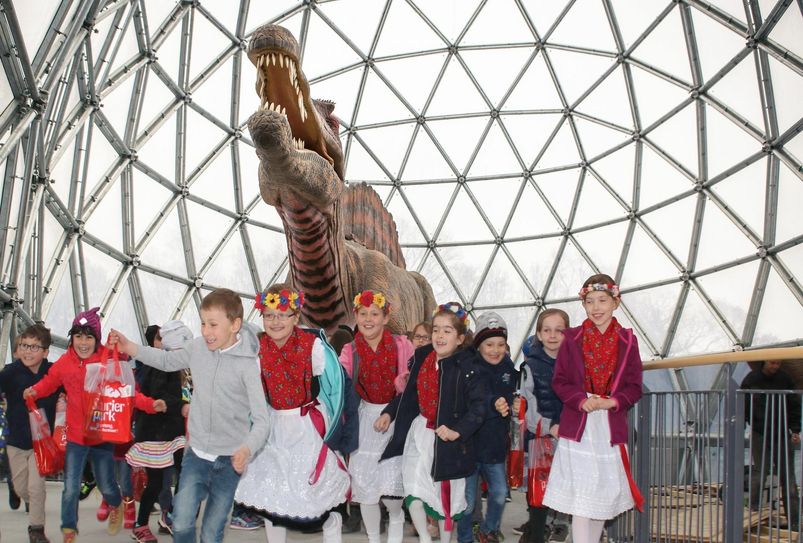 Die Kinder der „Sorbischen Grundschule“ sind hier nicht auf der Flucht vor einer gentechnisch manipulierten Kreatur des Multimilliardärs John Hammond (Jurassic Park), sie durften dem neuen „Mitoseum“ aber schon mal unter die Kuppeln schauen.                Fotomontage: wit/ Saurierpark E. Janzen
