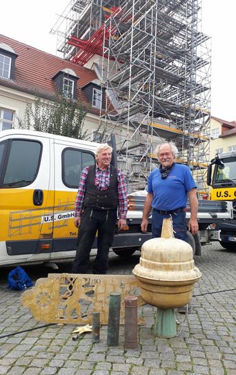 Kugel, Wetterfahne und Stern vom Rathausturm. Foto: Stadt Spremberg/Grodk, Alexander Adam