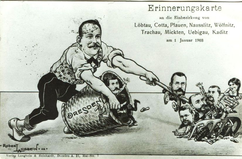 Erinnerungskarte an die Eingemeindung von Löbtau, Cotta, Plauen, Nausslitz, Wölfnitz, Trachau, Mickten, Uebigau und Kaditz zum 1.1. 1903.