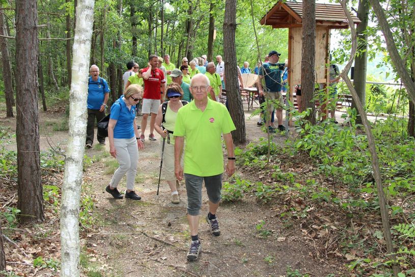 Kostebraus Ortsvorsteher Dr. Hubert Lerche führte die Wanderung über den Bergbauwanderweg an. Hier verlässt die Wandergruppe gerade den Aussichtspunkt »Heinzelblick«. Fotos: sts