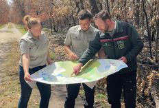 Revierleiter Stefan Müller (r.) zeigt seinen Kollegen vom Sachsenforst die vom Brand betroffenen Waldflächen der Gohrischheide. Fotos: Farrar