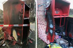 Zerstörte Kleidercontainer in der Uhlandstraße (links) und am Wagenfeld-Ring (rechts).