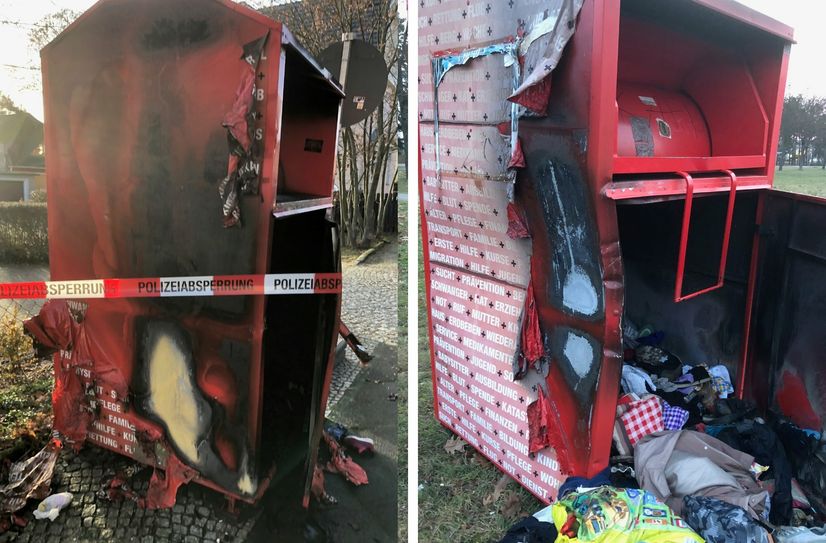 Zerstörte Kleidercontainer in der Uhlandstraße (links) und am Wagenfeld-Ring (rechts).