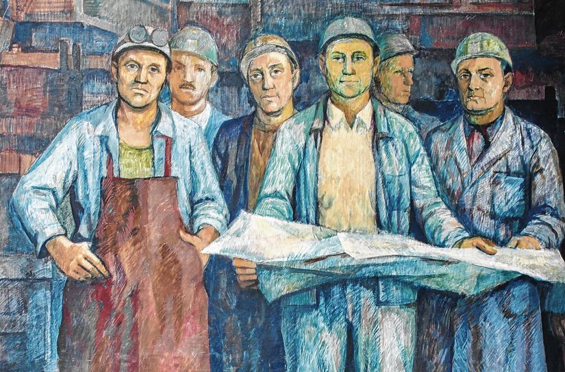 Ausschnitt aus Paul Häuslers dreiteiligem, großformatigen Werk »Der Wagenguss« (Gesamtgröße: 5,10 x 1,95 cm) im Bestand des Stadtmuseums Riesa. Das Bild wird in diesem Jahr – dank Förderung durch die Landesstelle für Museumswesen – restauriert und somit für die Ausstellung im Herbst 2025 präsentationsreif gemacht.