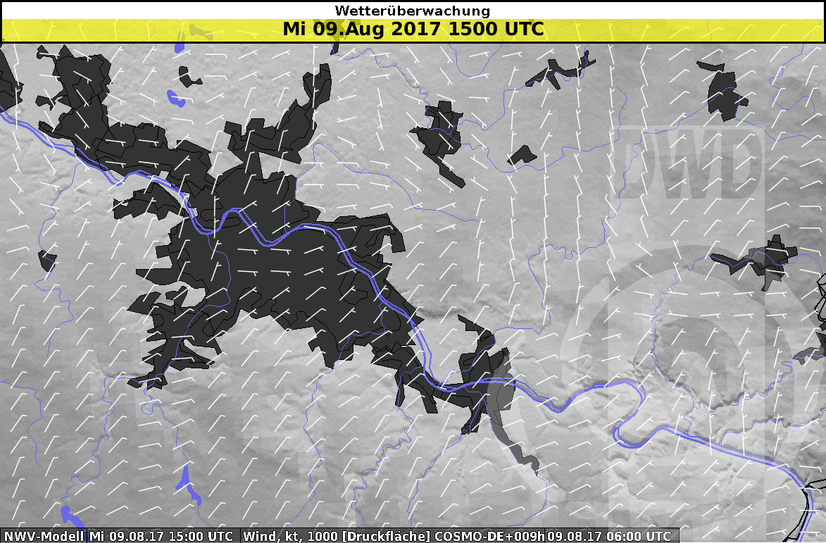 Grafik (©DWD): Die Windrichtungen am letzten Mittwoch (9. August 2017) im Großraum Dresden. Der kleine Ast gibt die Geschwindigkeit an und befindet sich auf der Seite, aus der der Wind kommt.