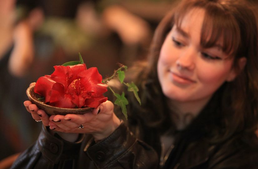 Biologie-Studentin Johanna Hedrich (20) war das erste Mal in der Zuschendorfer Kamelienschau zu Gast und durfte die Siegerblüte aus nächster Nähe betrachten.