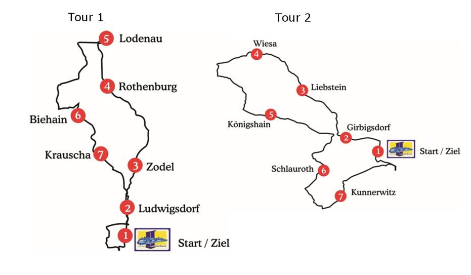 Die Verläufe und Stationen der beiden Orientierungsfahrten. Grafiken: Motorsportclub Görlitz