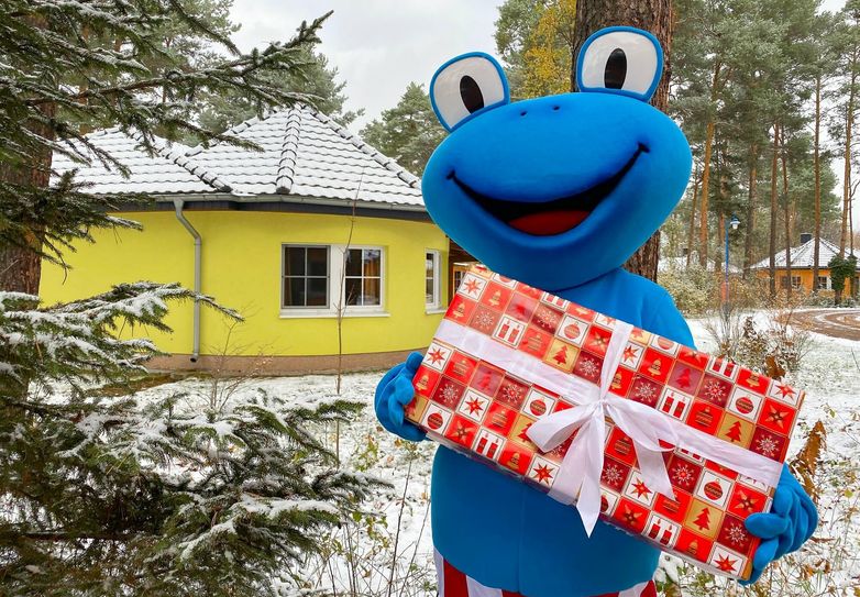 Maskottchen Froggi lädt zur Parkweihnacht.