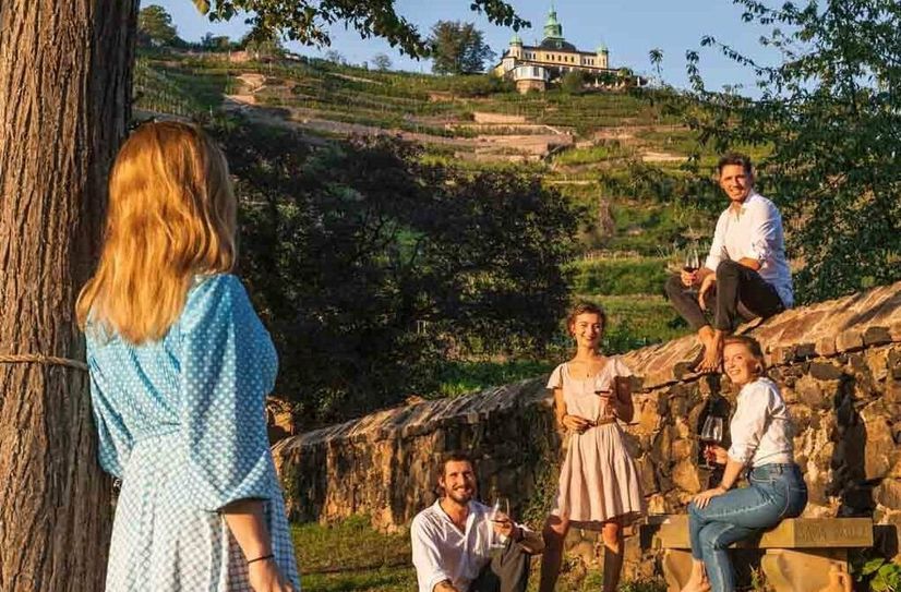 Im Garten des Weingutes Aust in Radebeul genießen Gäste Wein und den Ausblick auf die Weinberge und das Spitzhaus.