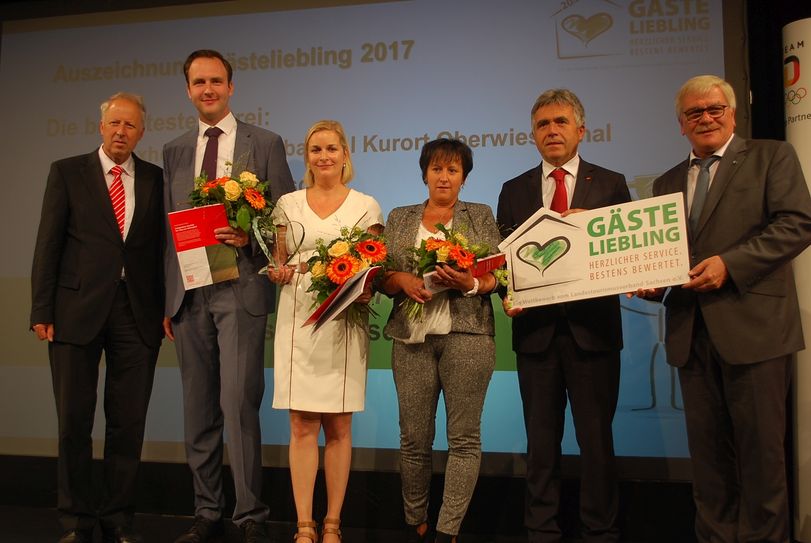 V.l.: Dr. Michael Emmrich (Chef des Ostdeutschen Sparkassenverbandes), Christian Sauermann (Inhaber des Hotels Vogtland), Susann Zimmer (Resortmanagerin HAPIMAG), Ivonne Schreiter (Direktorin Relaxhotels Sachsenbaude), Michael Harig (Landrat LK Bautzen) und LTV-Vizepräsident Dr. Detlef Hamann.               Foto: Trache