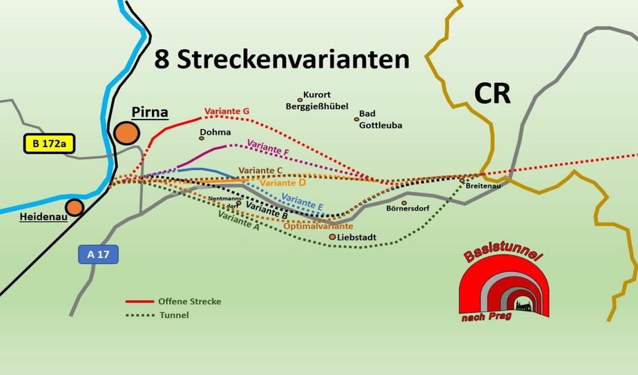 Die bisher ausgearbeiteten acht Streckenvarianten: Varianten A bis C, Optimalvariante von der Bürgerinitiative; Varianten D bis G von der Deutschen Bahn Netz AG. Grafik: BI »Basistunnel nach Prag«