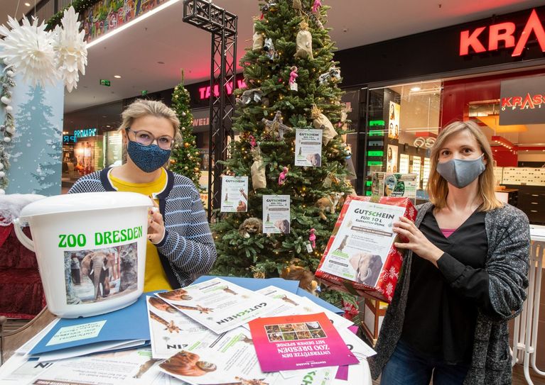 Christine Berndt (Zoo) und Franka Schumann (Centrum Galerie) schmückten heute (4. Dezember) den Zoo-Wunschbaum in der Centrum Galerie. Foto: Jörn Wolf