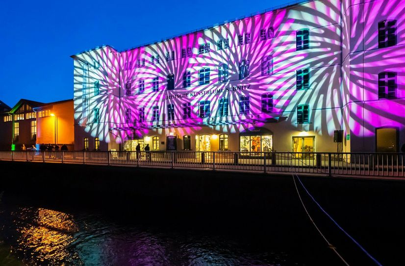 Farbenfroh illuminierte Gebäude - wie hier die "Deutsche Kunstblume Sebnitz - lassen die Innenstadt zur Museumsnacht erstrahlen.