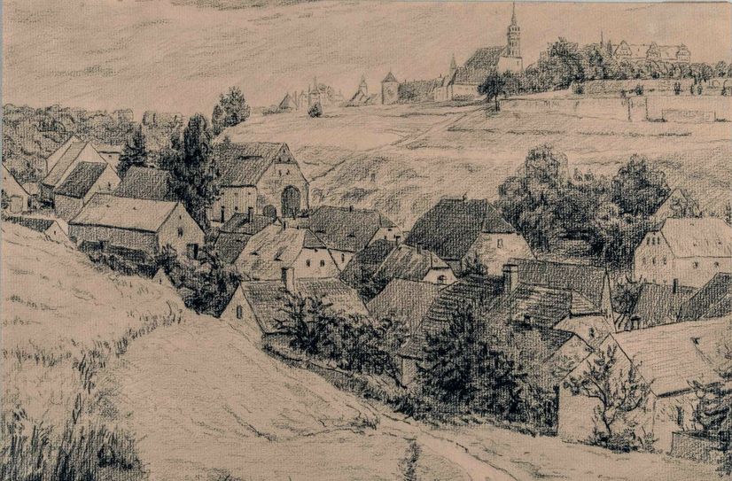Blick vom Protschenberg über das Spreetal zur Nikolairuine, Ulbricht Walther (1870-1914), Bleistift- und Kreidezeichnung (1912)