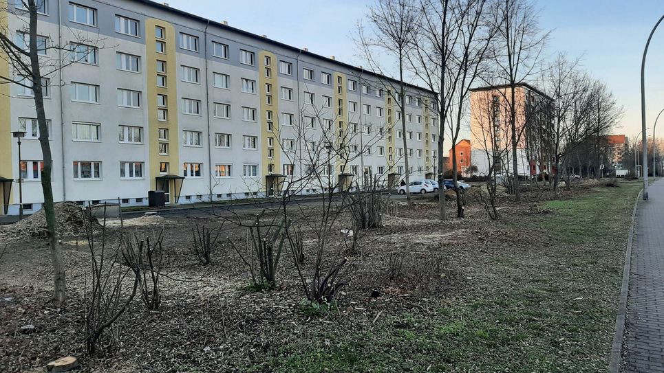 Auf den ersten Blick unspektakulär, wird sich das Besondere des neuen Wohnquartiers im Inneren des neugestalteten Objektes Dresdner Straße 1 bis 11 verbergen. Dazu wird der bestehende Plattenbau mit bisher .... Eingängen auf ...  schrumpfen. Foto: Farrar, Grafik: WGR